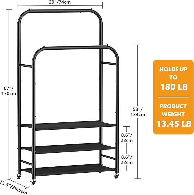 HOMIDEC Double Rods Clothes Rack Clothing Rack with 3 Tier Storage Shelves Clothes Rack for Hanging Clothes Multifunctional Clothes Organizer Bedroom,Wardrobe Closet,Shop,Black
