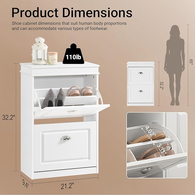 Haotian Small Shoe Cabinet, White 2 Flip Drawers Freestanding Shoe Rack, Shoe Storage Cupboard Organizer (9.45" D x 20.87" W x 32.28" H), FSR78-W