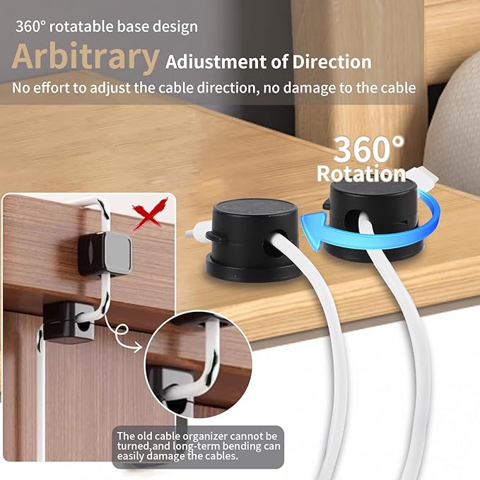 10-Pack 360° Rotatable Magnetic Cord Organizer Clips with Acrylic Adhesive - for Desk, Car, Home & Office | No Residue Springless Design | Strong Hold Cable Management for Chargers & Wires (Black)