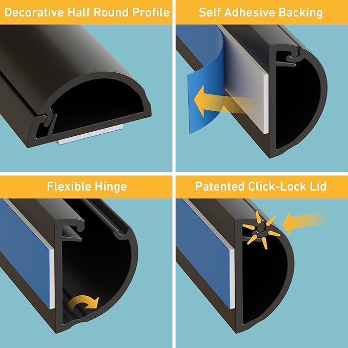D-Line 15.7in TV Cord Hider, Patented Half Round Cable Cover, Hide Wall Mount TV Wires, Hinged One-Piece Cable Concealer, Adhesive, Decorative Raceway - 0.78in W x 0.39in H x 15.7in L - Black