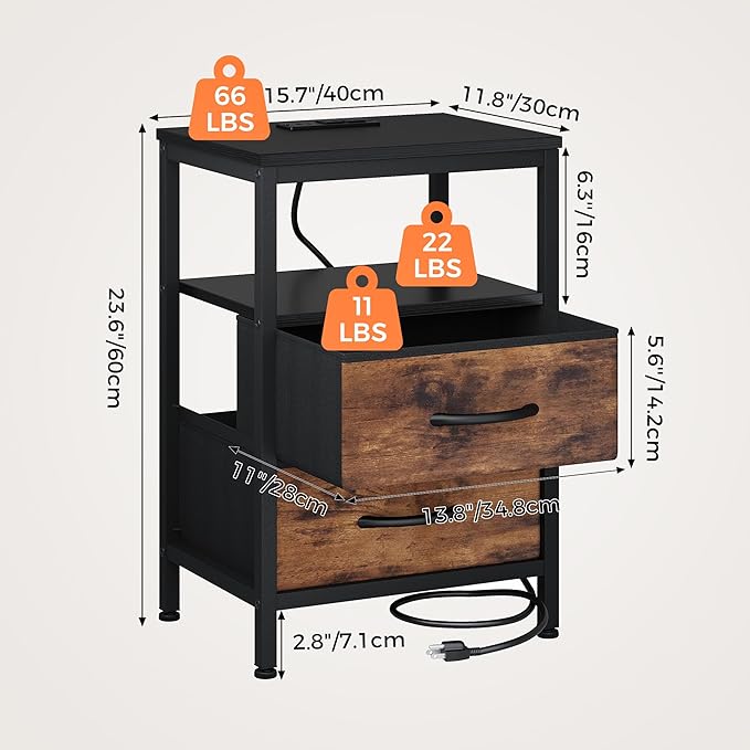 DUMOS Nightstand with Charging Station Built in USB Ports and AC Outlets Bedside Table with Adjustable Fabric Drawer and Open Shelf Modern End Table for Bedroom,Black and Brown