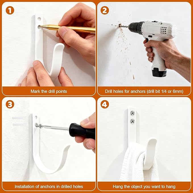 Wall Hooks for Hanging, Large Coat Hooks Wall Mount, Heavy Duty Screw in Metal Hooks for Wall (22LB), Towel Hooks for Bathrooms, Door, Mudroom, Backpack, Clothes, Closet, Purses, White, 4 Pack