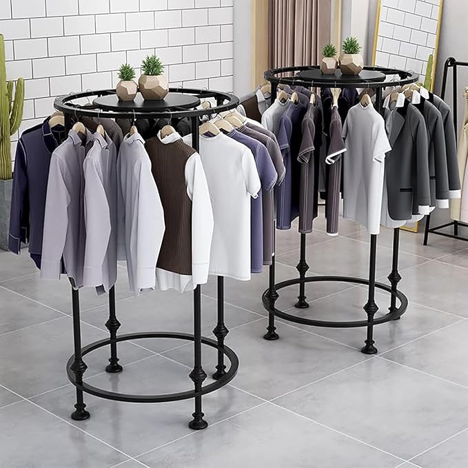 Round Garment Display Retail Rack, Floor-Standing Round Clothes Hanging Rack, Clothing Racks with Topper, Multi-Purpose Clothing Organizer for Boutique Retail Store Laundry Home