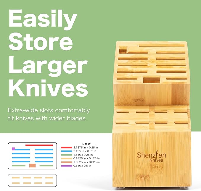 Shenzhen Knives 20 Slot Universal Knife Block: X-Large Bamboo Finish Wood Knife Block without Knives Countertop Butcher Block Knife Holder and Organizer with Wide Slots for Easy Kitchen Knife Storage