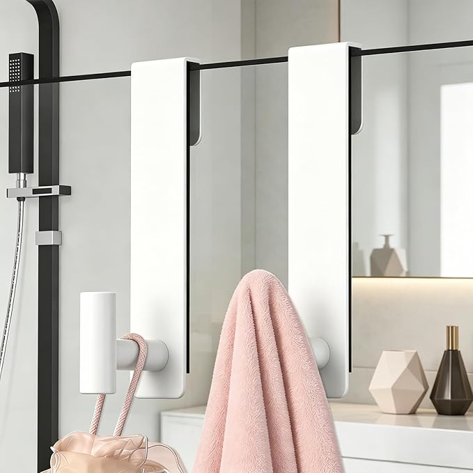 HUFEEOH 2-Pack Over The Door Hooks, Stainless Steel Door Hanger for Towels & Coats, Bathroom Towel Rack Coat Rack, Tool-Free Hooks for Hanging (White, Fits 3/8" Thick Door - T Shape 2 Pack)