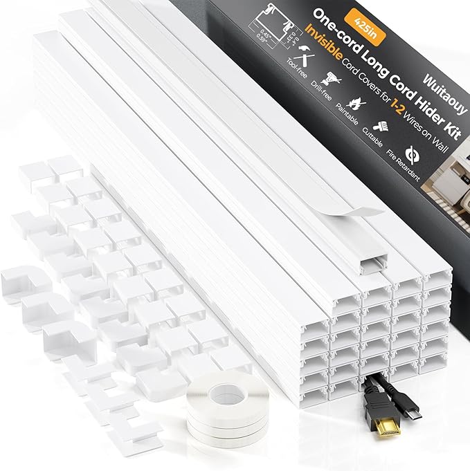 Cord Hider, 425in Cord Covers for 1-2 Wires on Wall, Paintable Cable Hider Wire Covers for Cords on Walls, Easy Set-up Cable Cover Cable Concealer to Hide Cables on Wall, W0.59 H0.4in, White