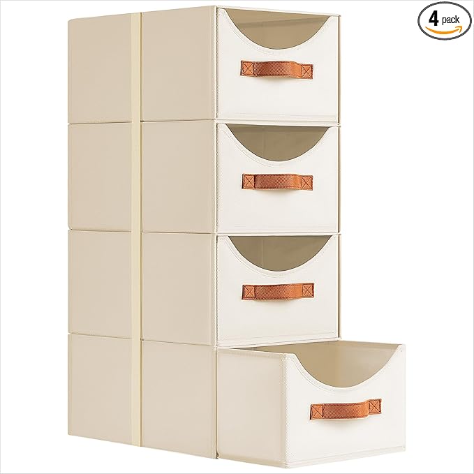 Homsorout Stackable Storage Drawers - Collapsible Storage Bins with Drawers, 4 Pack Closet Shelf Organizer Basket, Fabric Pull Out Organizer for Bedroom, Living Room, Dorm, Beige
