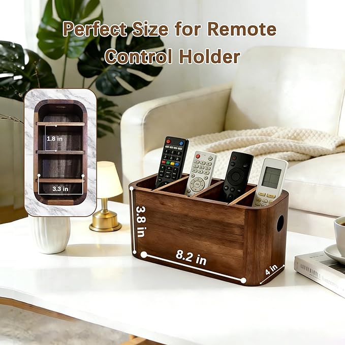 Acacia Wood Remote Control Holder, Walnut Color TV Remote Holder with 4 Adjustable Compartments, Wooden Remote Caddy Organizer for Table, Desk, Nightstand, Living Room, Office