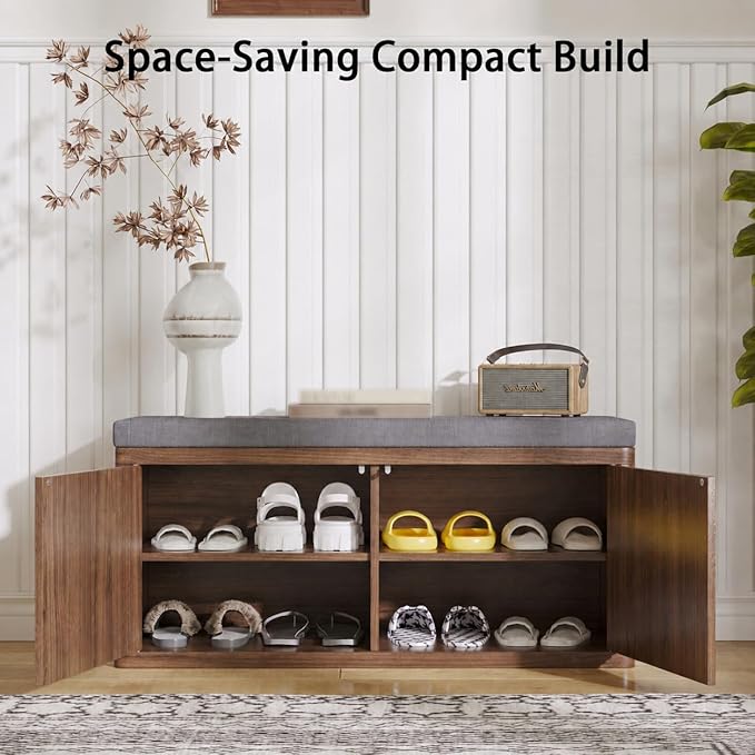 Double Layered Shoe Cabinet with Bench,Wooden Shoe Bench with Soft Cushion,Double Door without Handle Pressing Spring,Fluted Panel,Suitable for Entrance,Corridor and Living Room (Shoe Bench-Walnut)