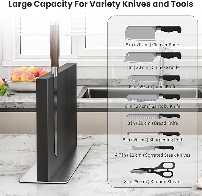 THMINS Magnetic Knife Holder, Double-Sided Magnetic Knife Block, 304 Stainless Steel Knife Holder for Kitchen Counter, Black Knife Stand