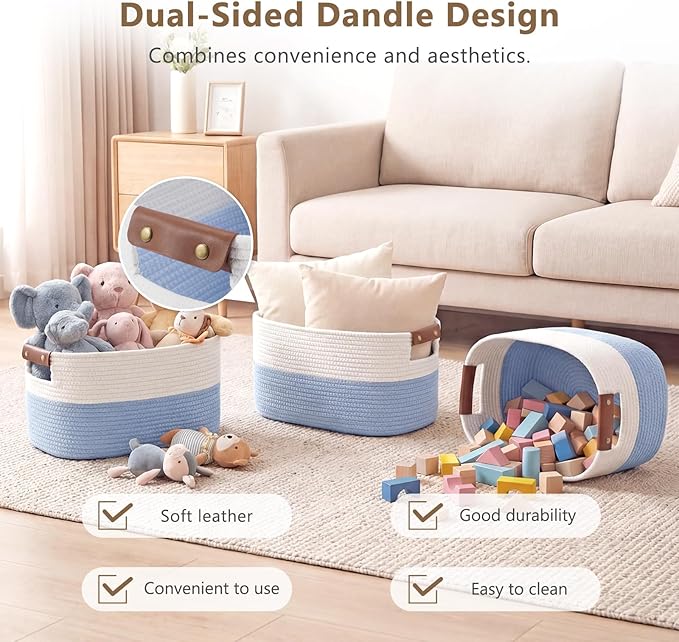 ECDYQXVU Cotton Rope Basket, Storage Baskets with Handle, 15x10x9 Inch Woven Basket for Shelves, Laundry, Towels, Clothes, Books (White/Blue 2Pack)