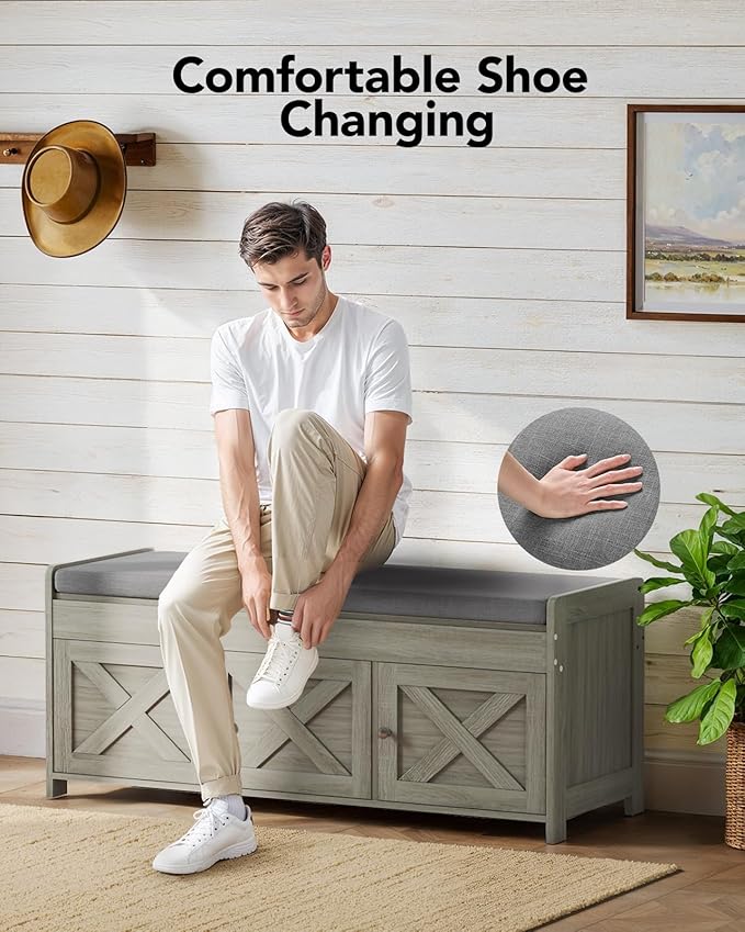 Pipishell 2-Tier Shoe Storage Bench with Cushioned Seat, Entryway Bench with Adjustable Shelf & Barn Doors, 300 lbs Capacity, 39.4" W x 16" D x 18" H, for Entryway, Bedroom, Living Room, Gray