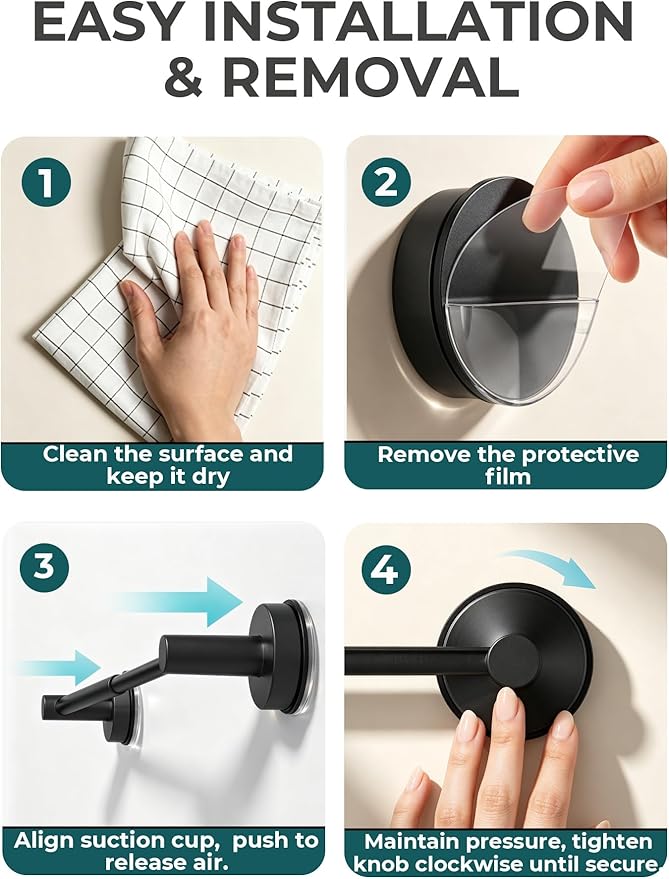 14.6 to 24 Inches No Drill Suction Cup Towel Bar for Shower Glass Door & Tile Wall, Stainless Steel Wall Mounted Towel Rack，Removable Bathroom Organizers & Storage for Renters Apartment (Matte Black)