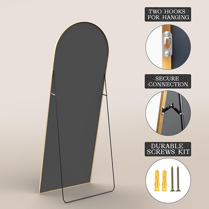 MISSDAY Arched Full Length Mirror, 64"x21" Full Body Mirror with Stand, Floor Mirror Long Free Standing, Leaning or Hanging, Aluminum Thin Frame Wall-Mounted Mirrors Wall Mirrors for Bedroom, Gold