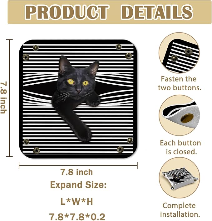 Black Cat Gifts Leather Jewelry Valet Tray,Cat Mom Lovers Gifts for Women PU Leather Catchall Beside Caddy Nightstand Organizer Tray for Jewelry Rings Watches Keys and Accessories,7.8x7.8inch