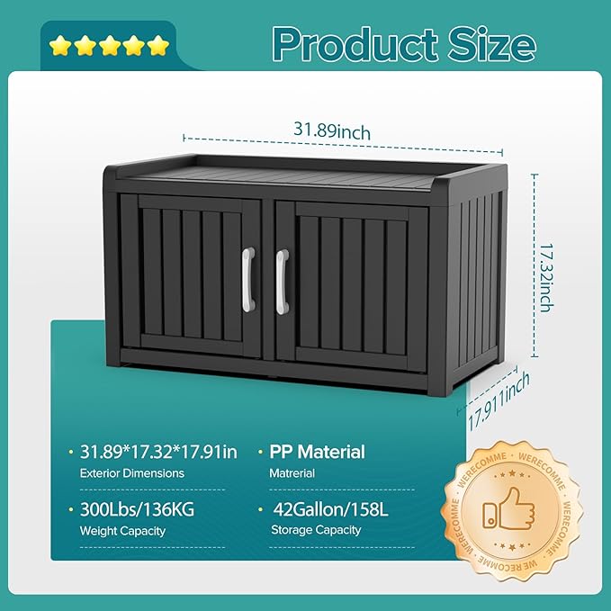 DRATO Indoor Outdoor Shoe Storage Cabinet, Waterproof Shoe Cabinet with Adjustable Shelves, Multifunctional Resin Storage Bench for Entryway, Foyer, Hallway (Black, Duble Doors)