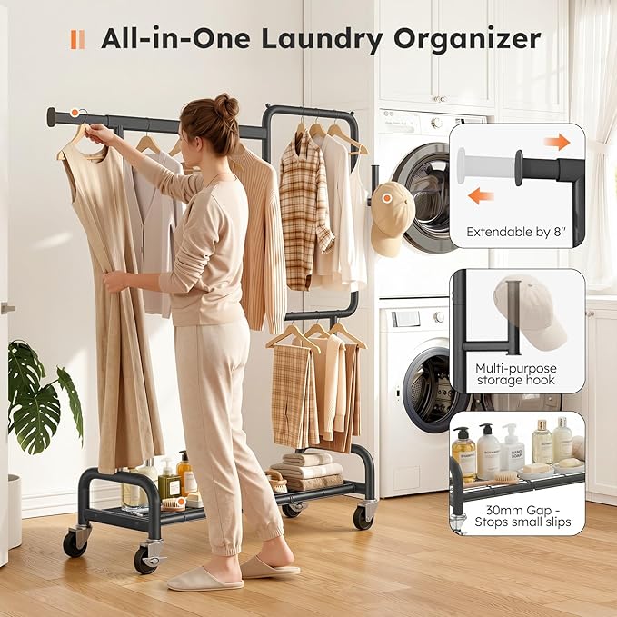 SOLEDI Heavy Duty Partitioned Clothes Rack, 600 LBS Load Metal Garment Rack with Shelves & Lockable Wheels, Rolling Hanging Rack for Bedroom, Laundry Room, Store & Garage (Black)