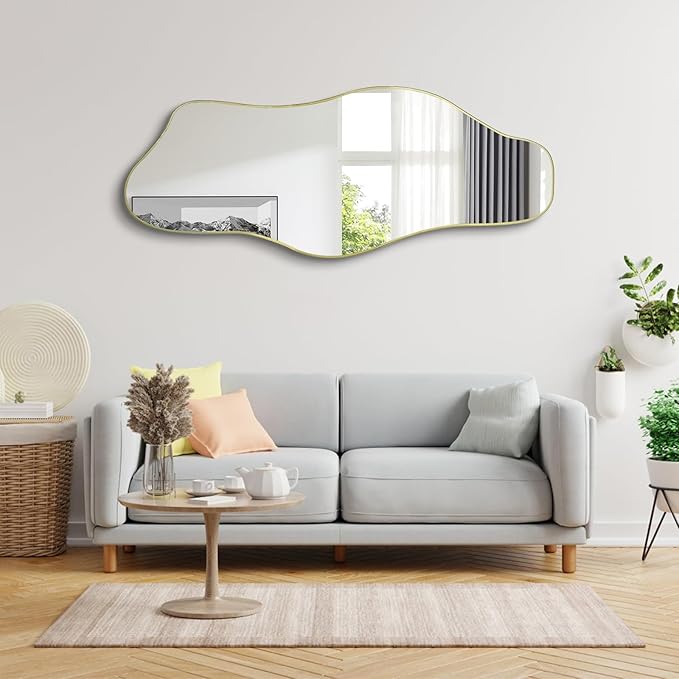 Irregular Wall Mirror, 60"x24" Large Asymmetrical Tempered Glass Mirror, Gold Modern Organic Frameless Mirrors for Living Room Bedroom Hallway Entryway, Horizontal or Vertical Hanging