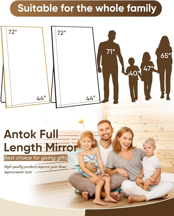 Antok Full Length Mirror, 72"x44" Floor Mirror, Floor Standing Freestanding Full Body Mirror with Stand for Bedroom, Hanging Mounted for Living Room Cloakroom, Black