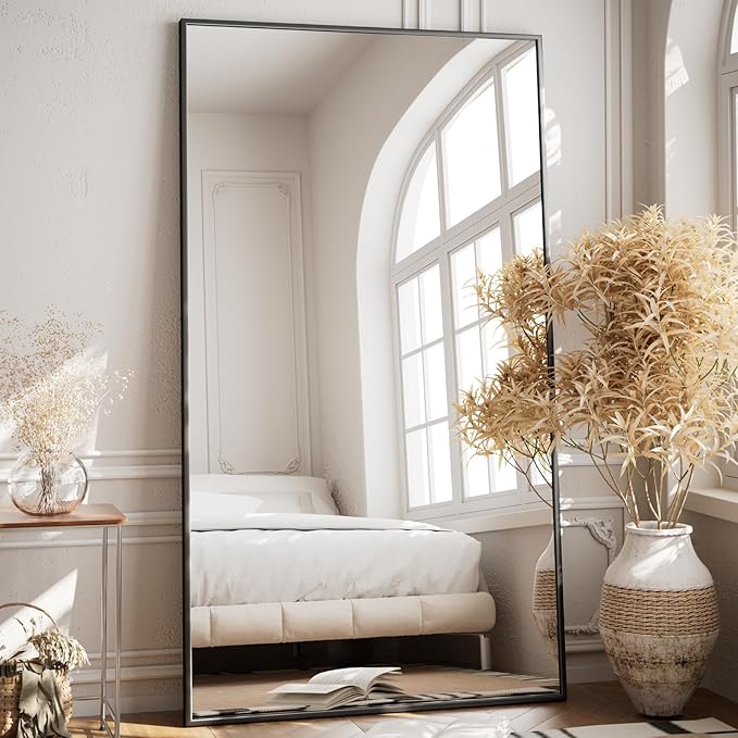 VooBang Oversized Full Length Mirror, 86" x 40" Floor Mirror with Stand, Aluminum Alloy Frame Full Body Mirror, Standing Hanging or Leaning Against Wall Bedroom Living Room, Black