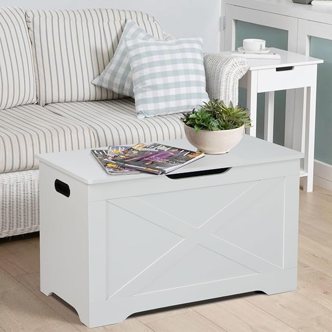 Timberer Storage Chest, Wooden Storage Bench, Entryway Shoes Bench with 2 Safety Hinges, Retro Storage Trunk for Living Room, Bedroom, 15.7 x 31.5 x 18.9 Inches, White