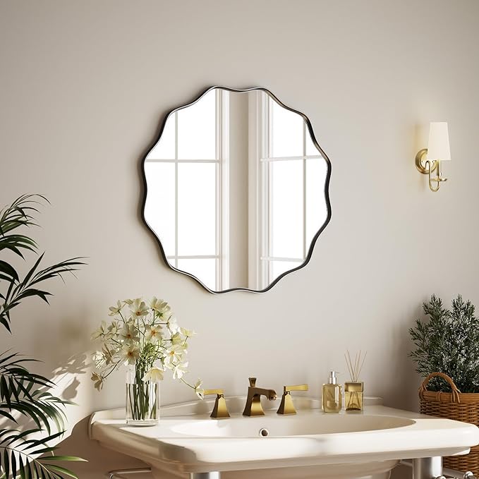 Round Wavy Mirror - 24 Inch Bathroom Vanity Mirror Metal Frame Circle Wall Mounted Mirror for Bedroom Living Room Entryway, Black