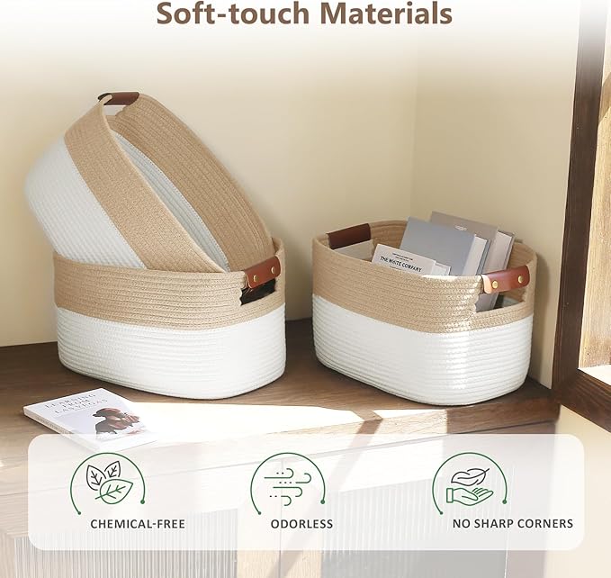 ECDYQXVU Cotton Rope Basket, Storage Baskets with Handle, 15x10x9 Inch Woven Basket for Shelves, Laundry, Towels, Clothes, Books (White/Beige 1Pack)