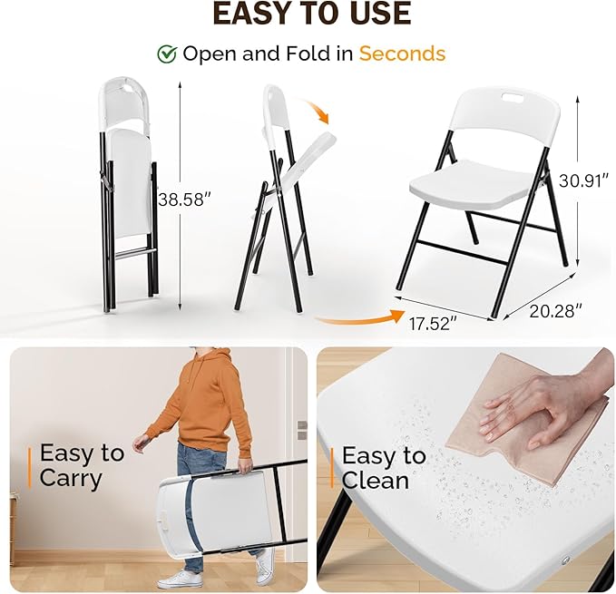 VINGLI Folding Chairs, Plastic Foldable Chair, Capacity up to 350 lbs, Portable Seating for Indoor Outdoor Events Parties Camping Work School Commercail (8, White)