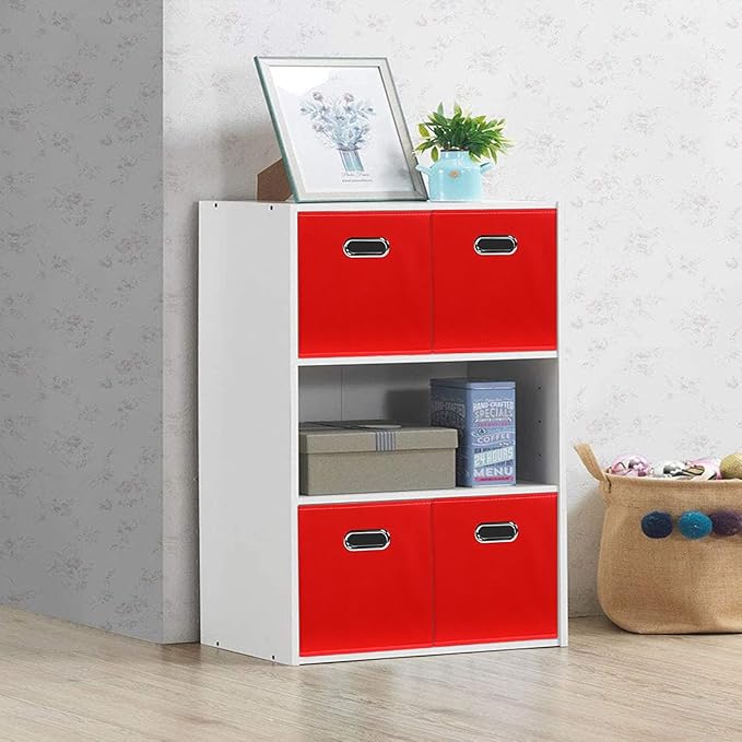 STOREONE Fabric Storage Bins Cubes Baskets Containers-(11X11X11) with Dual Handles for Shelf Closet, Nursery Home ， Bedroom Organizers, Foldable Set of 3 (Red)
