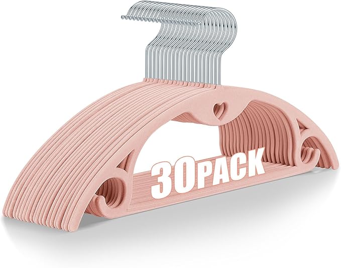 Velvet Hangers 30 Pack: Felt Clothes Hangers Heavy Duty Shirt Sweater Pink Hangers No Shoulder Bump Non Slip Coat Hangers for Closet