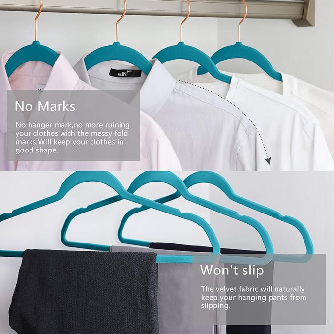 MIZGI Premium Velvet Hangers (50 Pack) Heavy Duty - Non Slip Felt Suit Hangers Teal/Turquoise - Rose Gold Hooks, Space Saving Clothes Hangers
