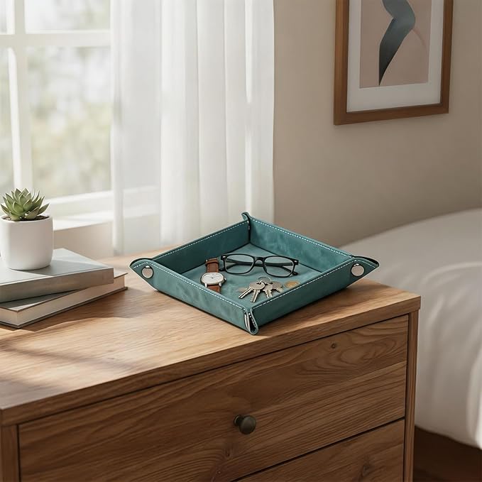 Valet Tray Desktop Storage Organizer – Vegan Leather Catchall Bedside Vanity Tray Nightstand Caddy Holder for Remote Controller, Watch, Keys, Phone, Wallet, Coin, Jewelry, Stone Green