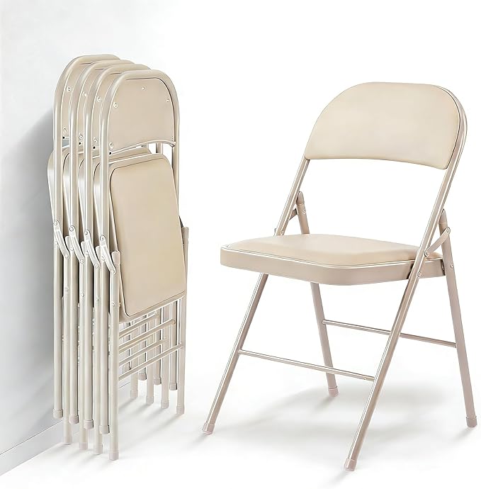 Simple Deluxe 4 Pack Foldable Padded Folding Chairs, Leather Cushion Seat & Sturdy Metal Frame, Portable Commercial Event Chair for Indoor Outdoor Home Office Parties, Kahki