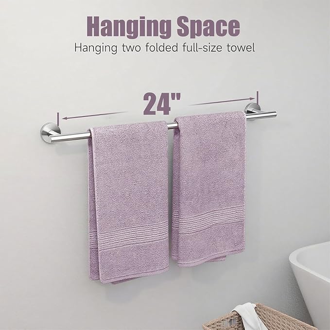 Brushed Nickel Towel Bar 24 Inch, 304 Stainless Steel Bathroom Towel Holder, Towel Racks for Bathroom Wall Mounted, Modern Bathroom Accessories for Home Bathrooms, Kitchens,Hotels & Toilets（Silver）