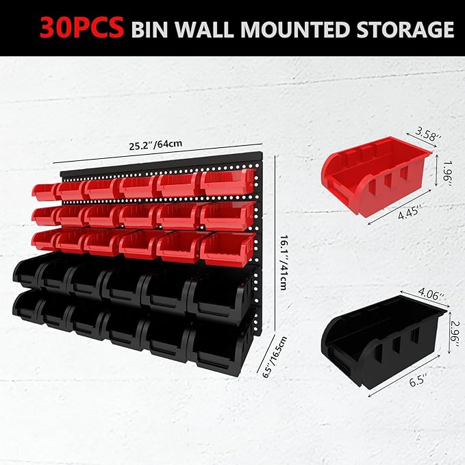 30Pcs Plastic Wall Mounted Storage Bins Parts Rack Nuts And Bolt Bins Organizer For Shop Garage for Screws, Nuts, Bolts, Nails, Beads, and Small Hardware Parts (RED+BLACK, 30)