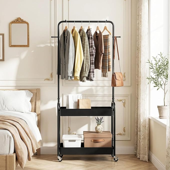 LDAILY Small Rolling Clothes Rack, Heavy Duty Clothing Rack with 2 Baskets, 4 Wheels for Hanging Clothes & Storage, Multi-Purpose Portable Closet for Bedroom, Living Room, Laundry, Small Space (Black)
