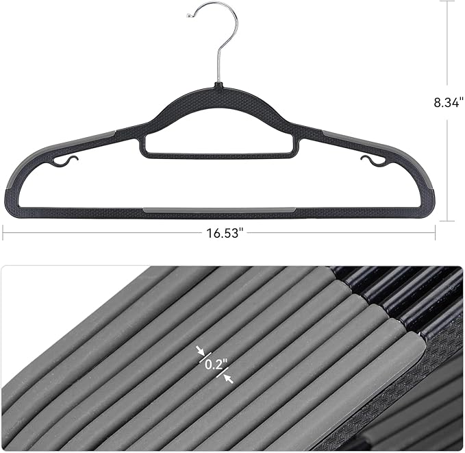 NCXTKJ 30 Pack Non-Slip Clothes Hangers with Tie Rack, Thin Space-Saving Coat Hangers – Heavy Duty Plastic Clothes Hangers for Suit, Shirts, Pants, Dorms & Home Organization, Black and Dark Gray