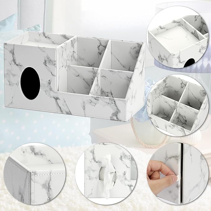 Sumnacon Tissue Box Cover Square PU Tissue Box Organizer, Leather Tissue Holders with Storage, Stylish Tissues Dispenser for Bahtroom Living Room Kitchen Dining Table Desk Office, Marble White