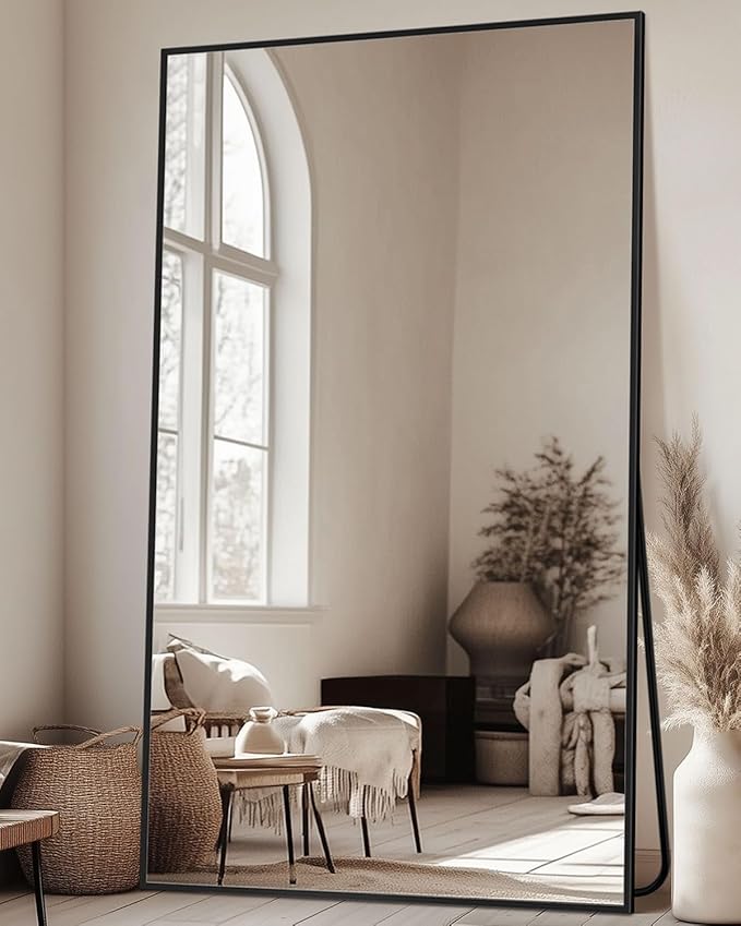 Antok Full Length Mirror, 72"x44" Floor Mirror, Floor Standing Freestanding Full Body Mirror with Stand for Bedroom, Hanging Mounted for Living Room Cloakroom, Black