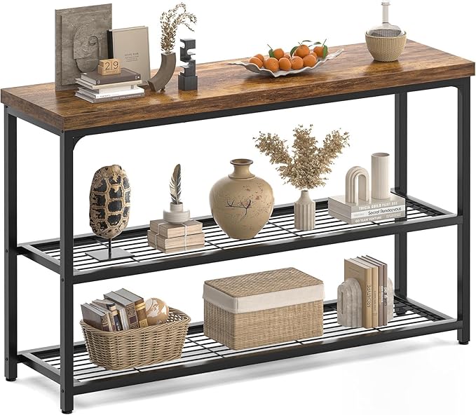 Besiost 47" Console Table with 3-Tier Storage, Industrial Narrow Entryway Table, Sofa Table Behind Couch for Hallway, Foyer & Living Room, Sturdy Metal Frame, Rustic Brown