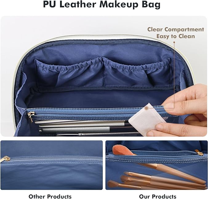 Prite Makeup Bag for Women Travel Waterproof Vegan Leather Cosmetic Bag Open Flat Toiletry Bag With Clear Divider and Handle (Blue Flower, Large)