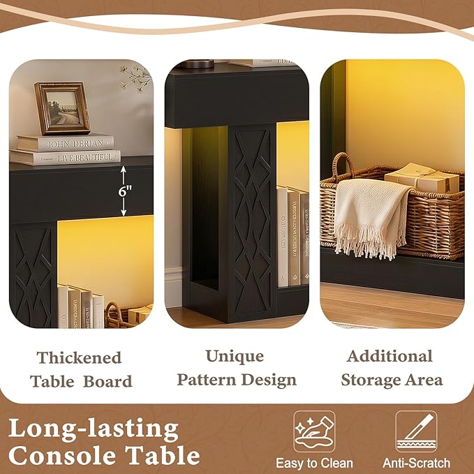 Unikito 47" Console Table with Outlets & LED Lights, Farmhouse Entryway Table with Unique Lattice Geometric Pattern, Sofa Table Behind Couch with 2-Tier Storage for Living Room, Hallway, Foyer, Black
