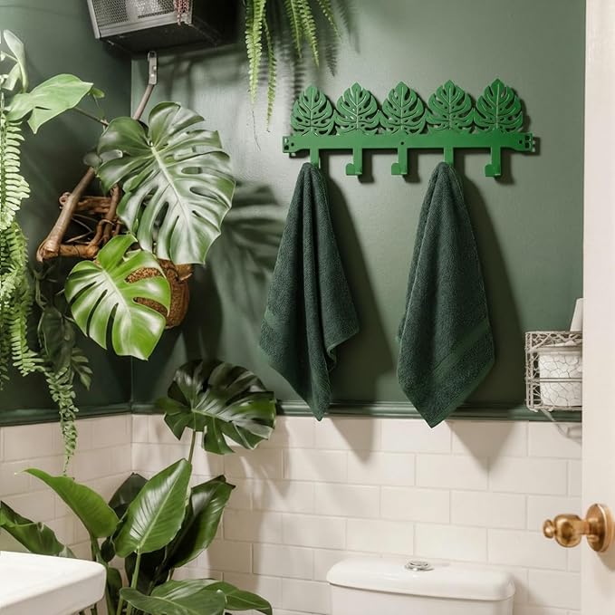 AceOrbit Green Monstera Leaf Over The Door Hooks Wall Mount & Door Tropical Palm Leaves Towel Hanger with 5 Hooks for Hanging Coat Key Clothes, Jungle Bedroom Bathroom Entryway Home Decor