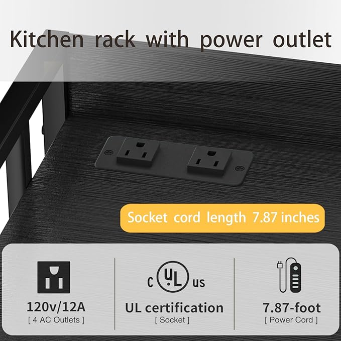 Adjustable Bakers Rack with Power Outlet, 4 Tier Microwave Oven Stand, Heavy Duty Kitchen Storage Rack for Garage Dining Room, Black
