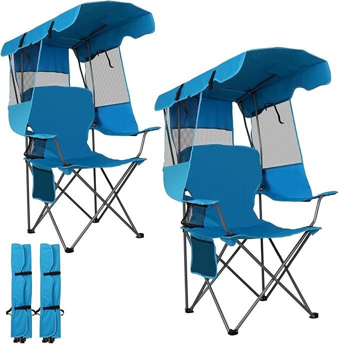 Romswi Large Folding Canopy Camping Chairs for Adult 2 Pack, Portable Outdoor Chairs with Sunshade,Cup Holder & Side Pocket for Camping, Fishing, Beach, Backyard, Sea Blue