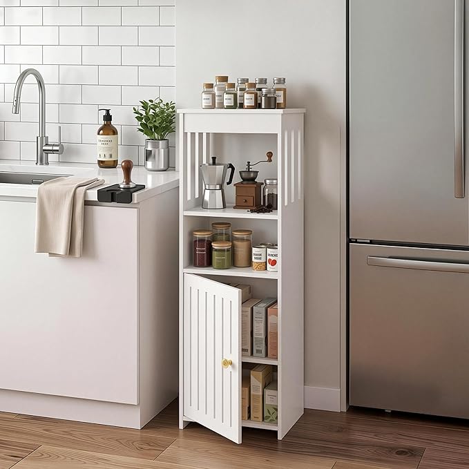 Narrow Bathroom Storage Cabinet, 5-Tier Slim Organizer with Door and Open Shelf for Toilet Small Spaces, White, 7.9" D x 9.8" W x 31.5" H
