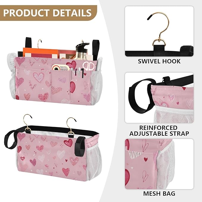 Bedside Caddy Hanging Bunk Bed Caddy Bed Organizer Hanging Pocket with 2 Hooks Bedside Storage Organizer Pocket Bag Holder Heart Pink