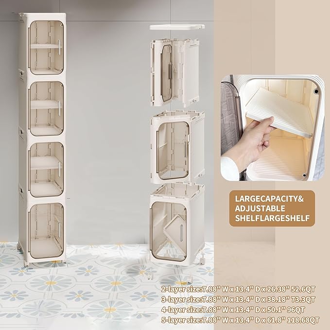5-Tier Tall Narrow Storage Cabinet, Slim Bathroom Storage Cabinet with Adjustable Shelves and Wheels, Narrow Organizer for Small Space, Bathroom, Kitchen, Laundry, Cream White