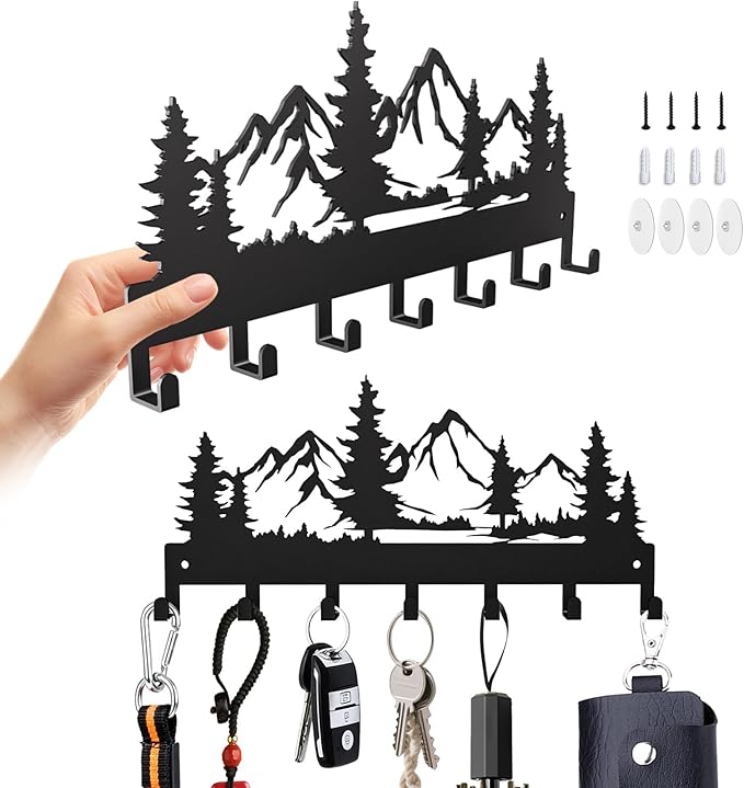 GPANDAG 2 Pack Key Holder Wall Mount with 14 Key Hooks, 12"x5.7" 20LB Metal Key Hangers for Kitchen/Living Room/Entryway/Apartment | Key Rack Hold Coat/Leash/Christmas/Home Decor | Dual Mount,Mountain