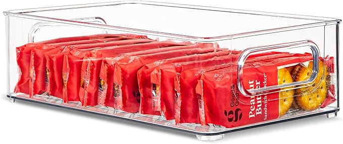 Plastic Food Storage Clear Container Bin with Handles for Organizing Kitchen, Pantry, Refrigerator, Freezer, Pantry, Cabinet, Closet, Bathroom. Stackable 10”x6”x3”